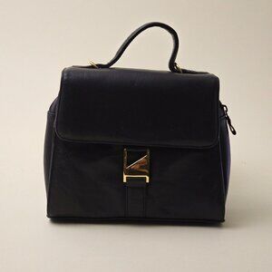 Modern Mid Century Dark Blue Leather French Handbag with Brass Accents by Rafy